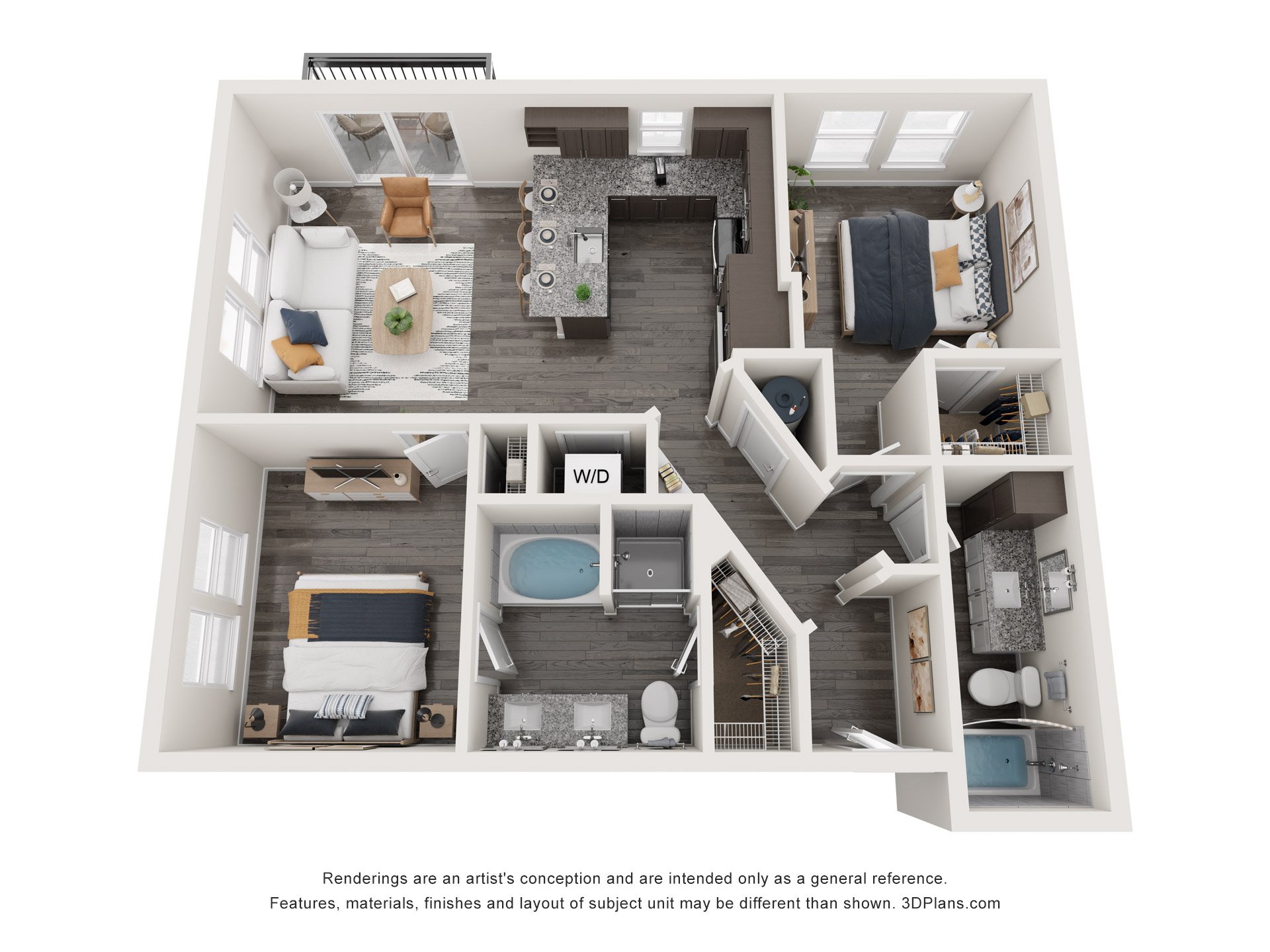 Floor plan for 2 beds, 2 baths, 1085 sqft